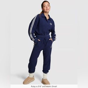 (SET) PINK Reverse Fleece Cropped Polo Sweatshirt + High Waist Gym Pants